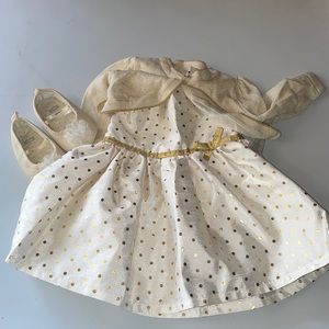 Carter’s three month dress with sweater and 3 to 6 month shoes, gold and cream